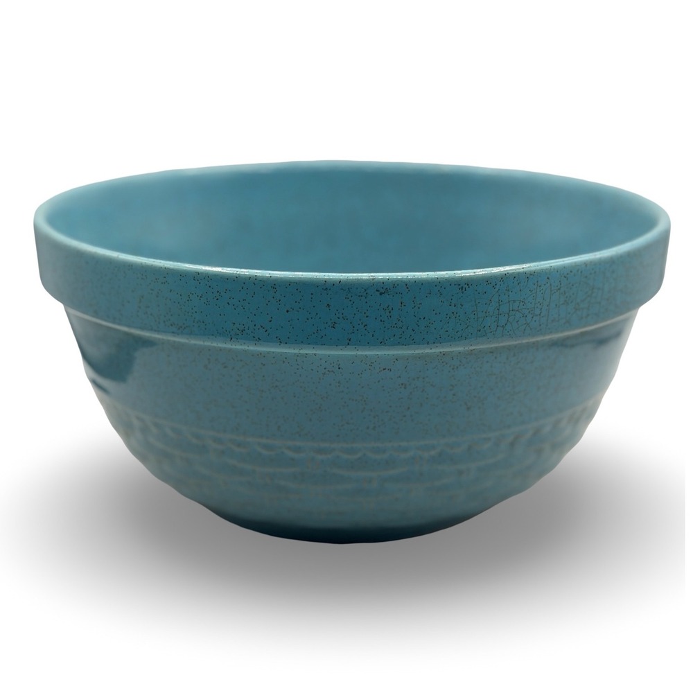 Sunburst Ceramics Blue Speckled‎ Basketweave Mixing Bowl Vintage Alberta Canada
